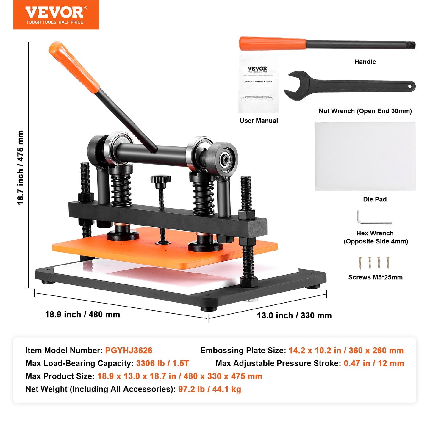 VEVOR Leather Cutting Machine, 14.2 x 10.2 in Embossing Plate Manual Die Cutter,