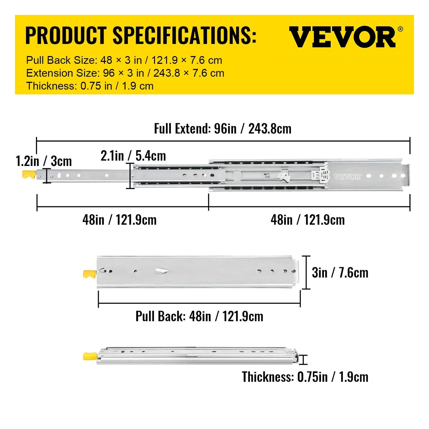 Heavy-Duty 2.4m Drawer Slide with Lock, 227kg Capacity, Full Extension