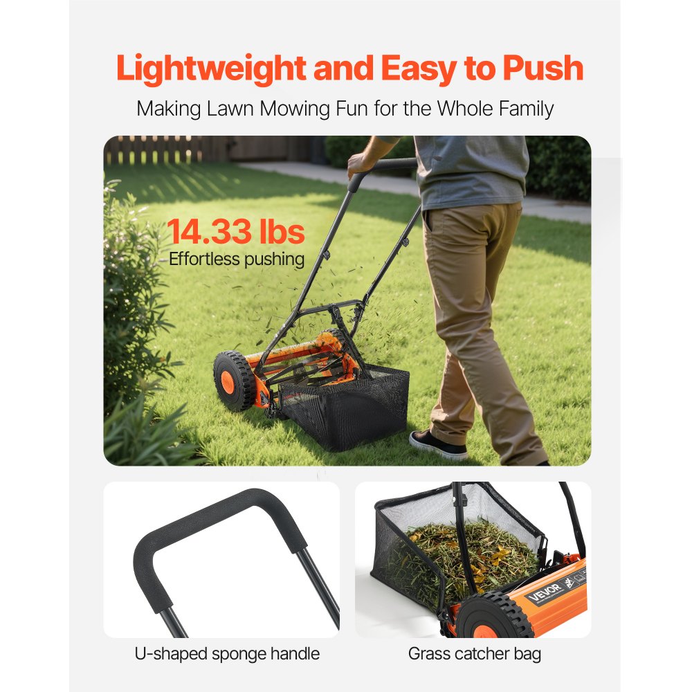 35cm Push Reel Lawn Mower 5-Blade Adjustable Height Grass Catcher 2-Wheel