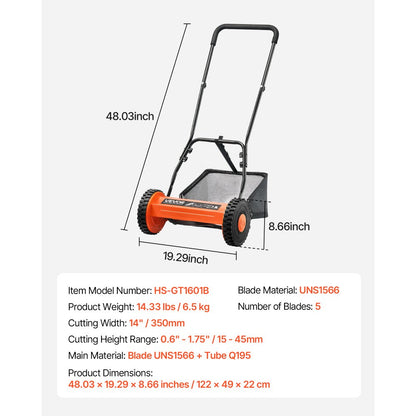 35cm Push Reel Lawn Mower 5-Blade Adjustable Height Grass Catcher 2-Wheel