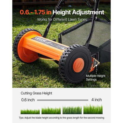 VEVOR 40cm Push Reel Lawn Mower 5-Blade Adjustable Height Grass Catcher 2-Wheel