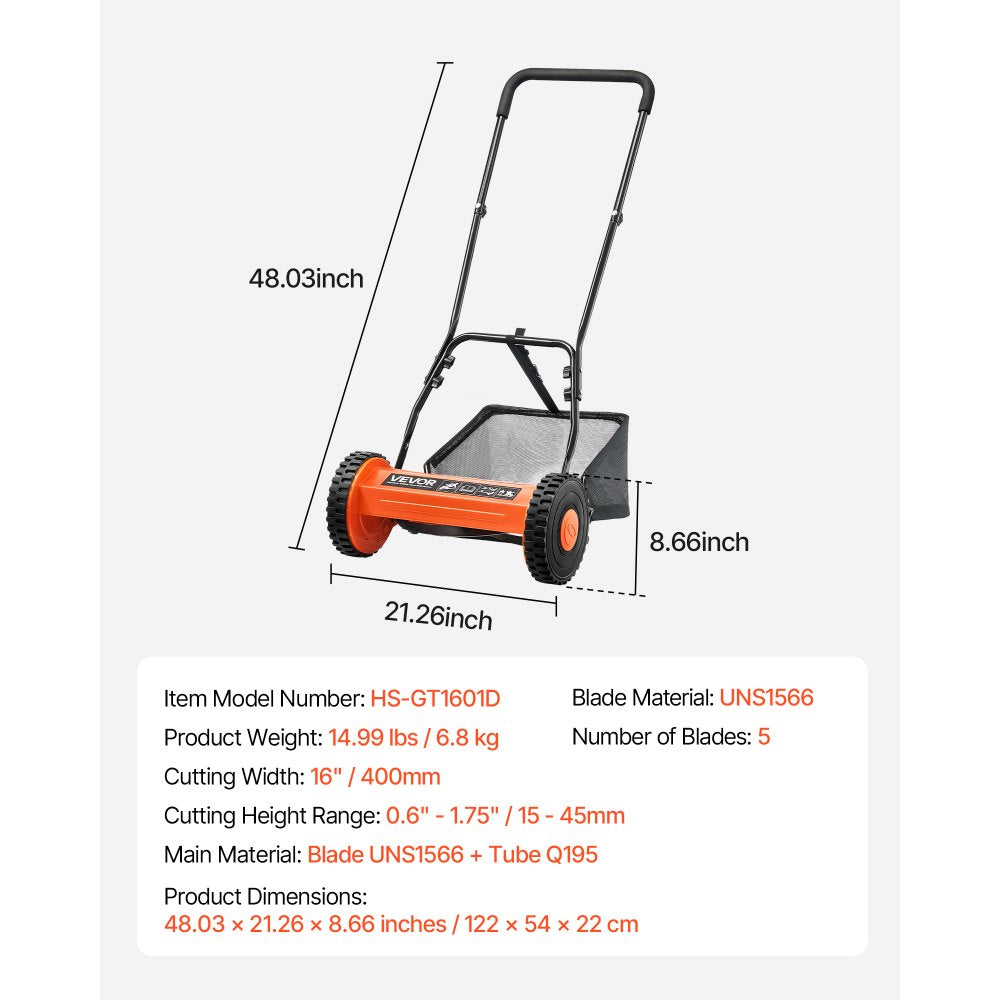 VEVOR 40cm Push Reel Lawn Mower 5-Blade Adjustable Height Grass Catcher 2-Wheel