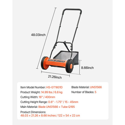 VEVOR 40cm Push Reel Lawn Mower 5-Blade Adjustable Height Grass Catcher 2-Wheel