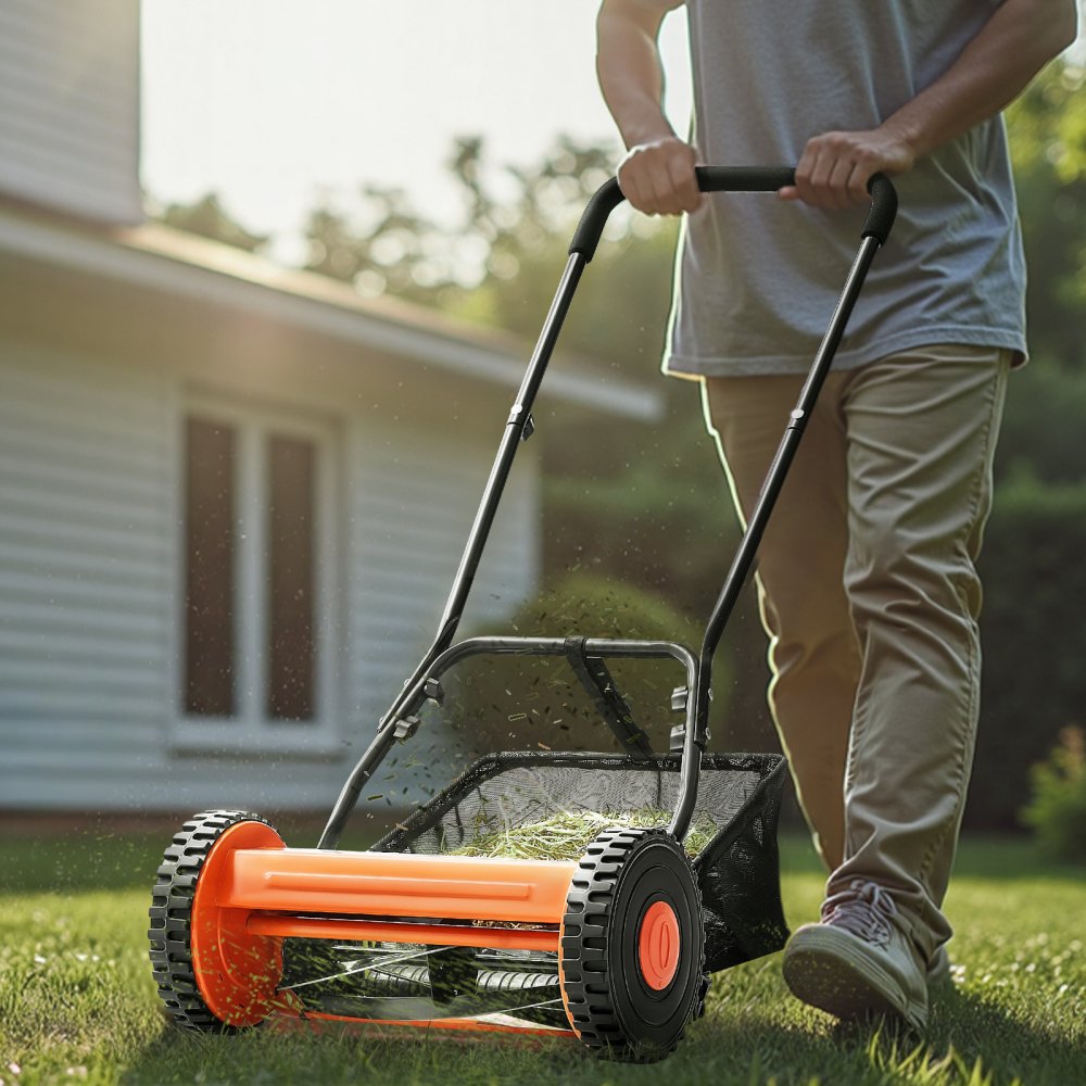 VEVOR 40cm Push Reel Lawn Mower 5-Blade Adjustable Height Grass Catcher 2-Wheel