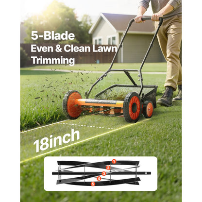 VEVOR 45cm Push Reel Lawn Mower 5-Blade Adjustable Height Grass Catcher 4-Wheel