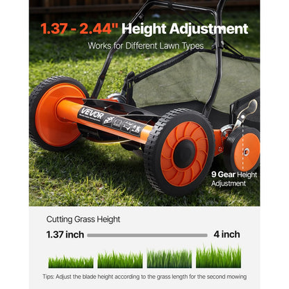 VEVOR 45cm Push Reel Lawn Mower 5-Blade Adjustable Height Grass Catcher 4-Wheel