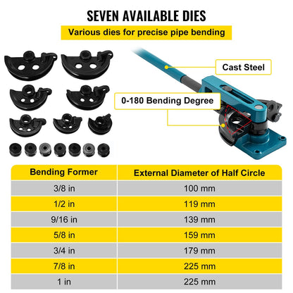 Manual Pipe Tube Bender with 7 Dies, 10mm-25mm Capacity, Heavy Duty Tool