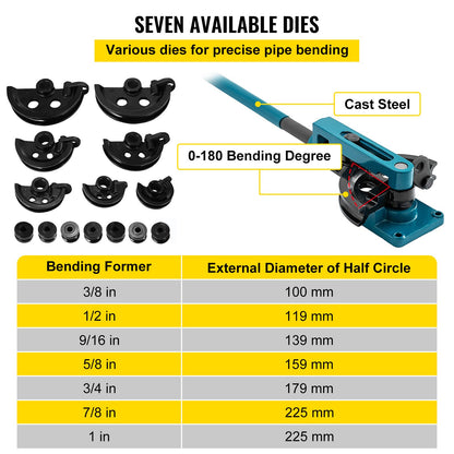 VEVOR Pipe Tube Bender, 3/8" to 1" Manual Pipe Tube Bender, with 7 Dies, Heavy Duty