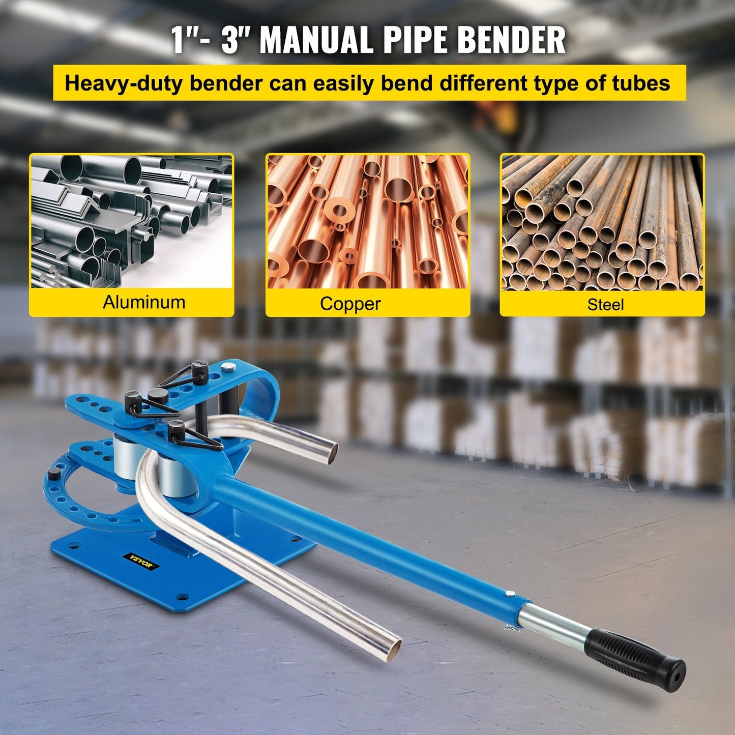 Manual Pipe Bending Machine with 7 Dies, 2.5-7.6cm Capacity, Compact Design