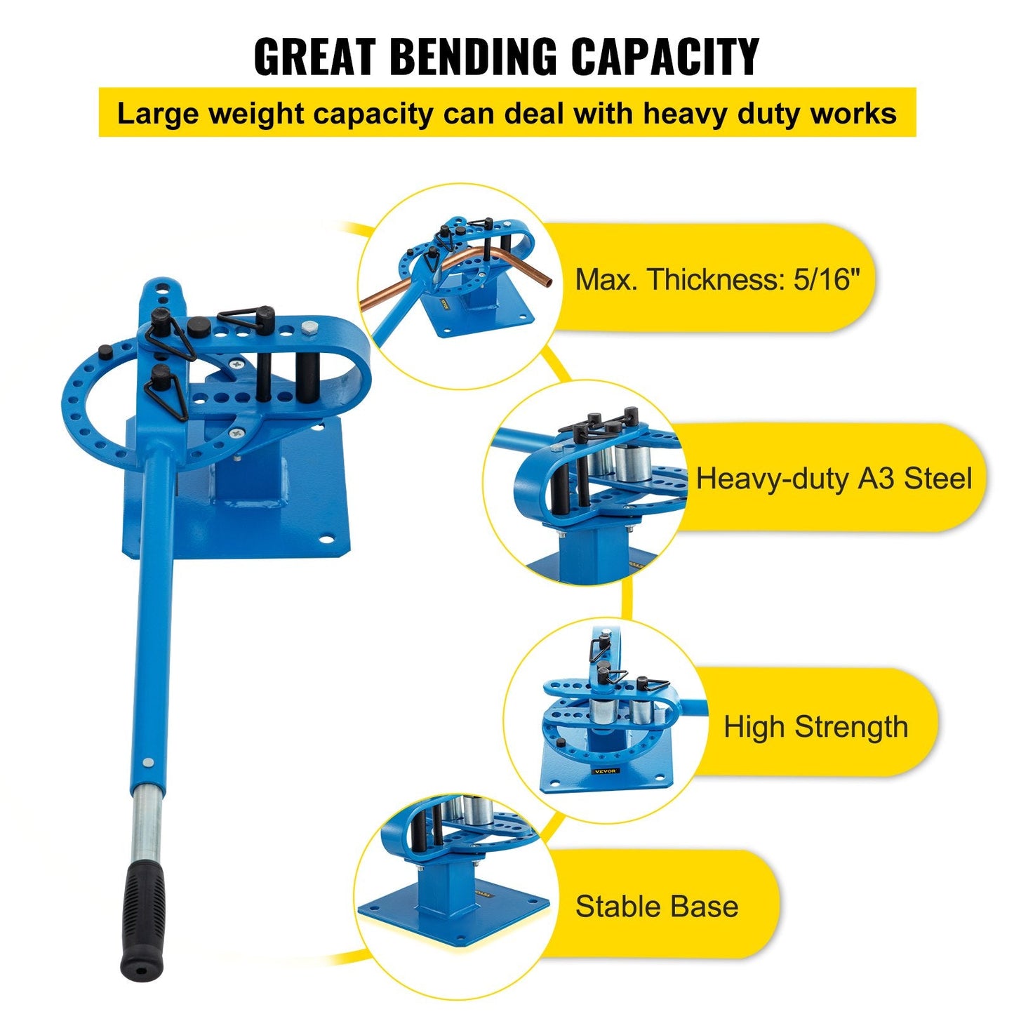 Manual Pipe Bending Machine with 7 Dies, 2.5-7.6cm Capacity, Compact Design