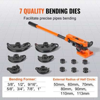 VEVOR Pipe Tube Bender, 3/8" to 1" OD Manual Pipe Tube Bender with 7 Bending Dies,