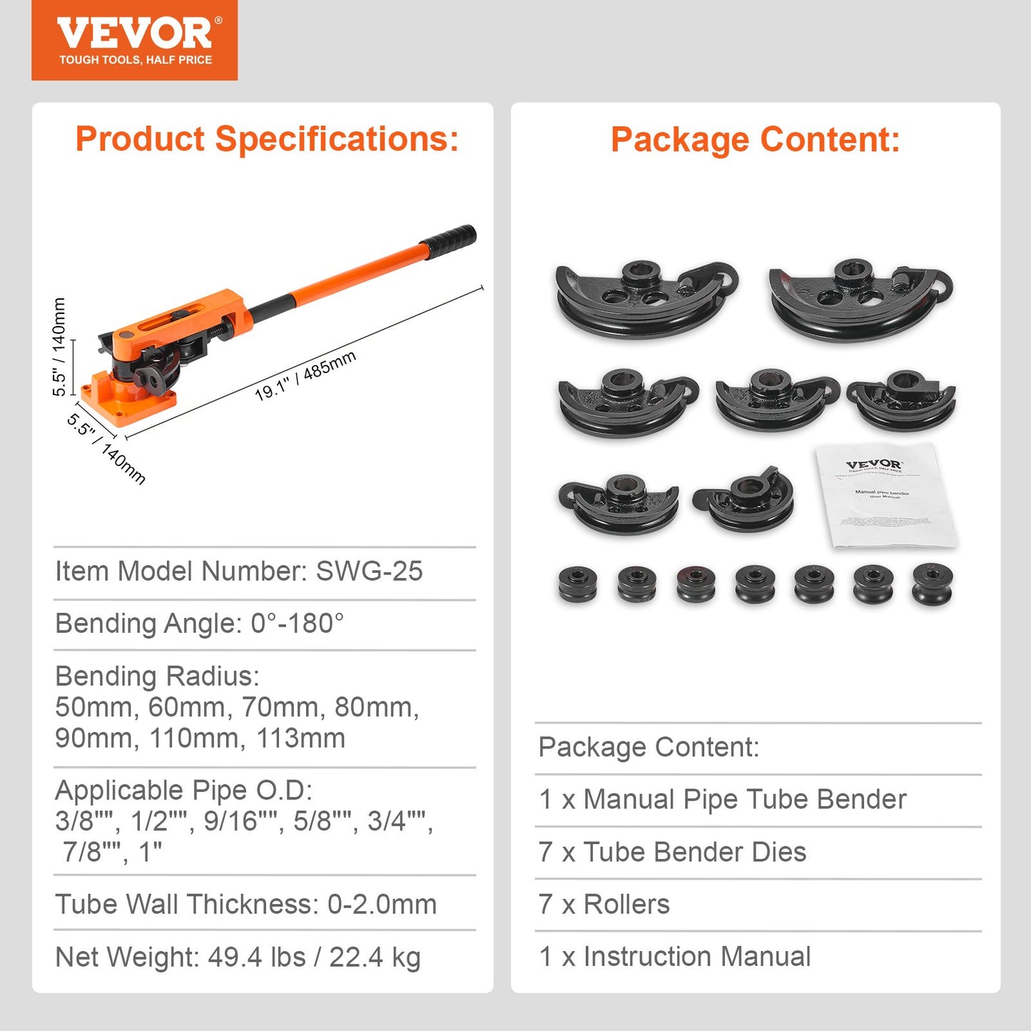 VEVOR Pipe Tube Bender, 3/8" to 1" OD Manual Pipe Tube Bender with 7 Bending Dies,