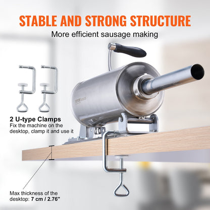 Manual Stainless Steel Sausage Stuffer, 2.5L Capacity, Horizontal Design