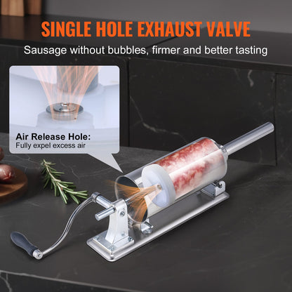 Manual Stainless Steel Sausage Stuffer, 2.5L Capacity, Horizontal Design