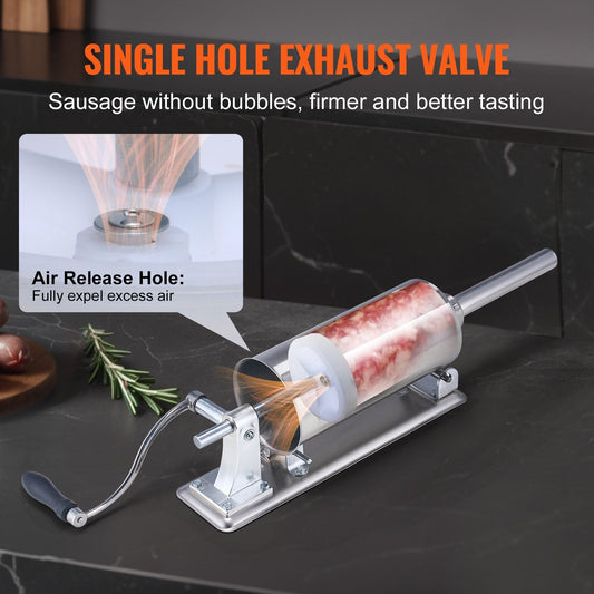 Manual Stainless Steel Sausage Stuffer, 2.5L Capacity, Horizontal Design