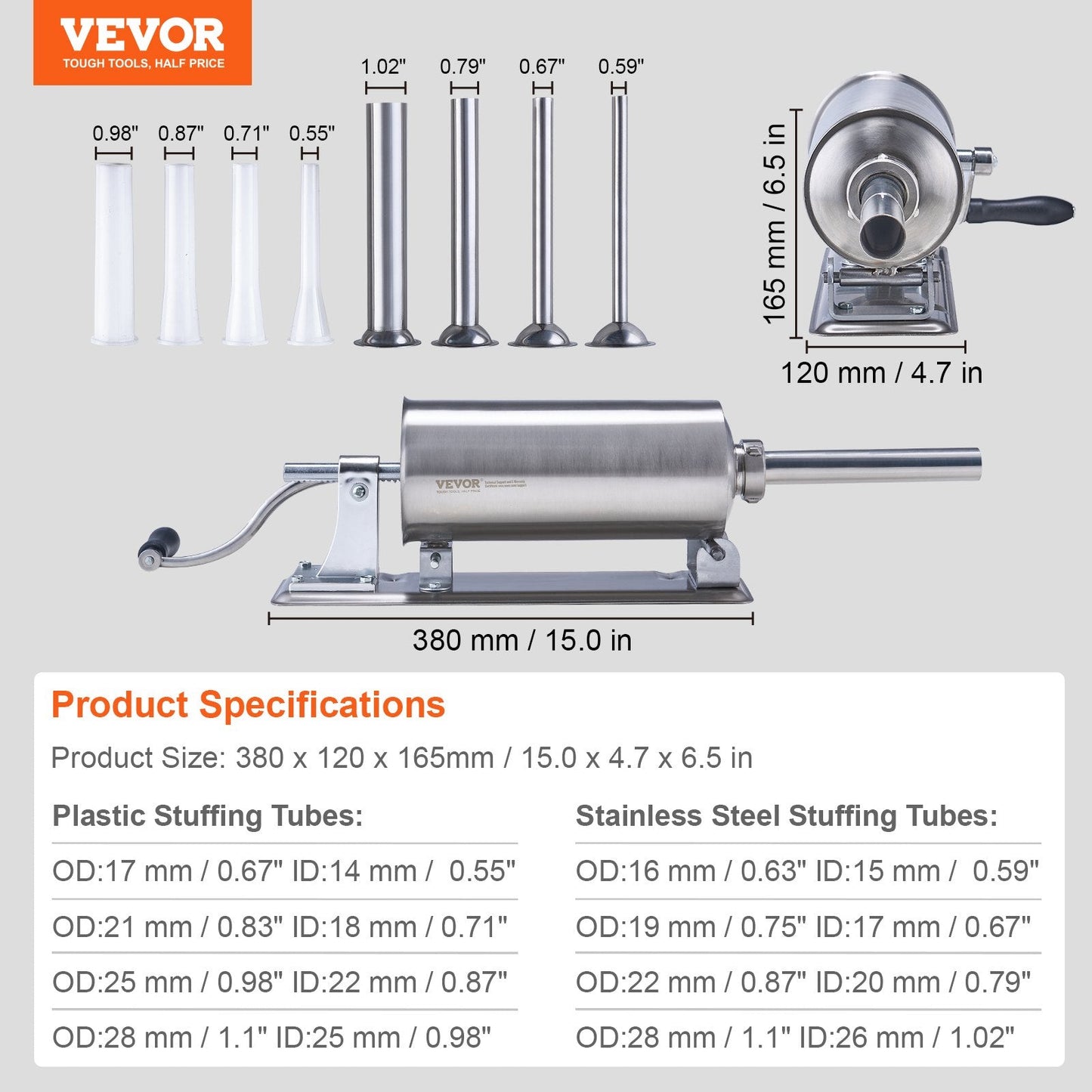 Manual Stainless Steel Sausage Stuffer, 2.5L Capacity, Horizontal Design