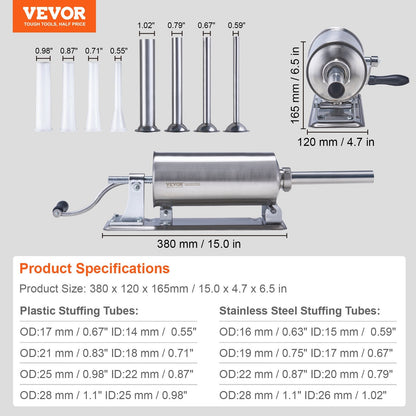 Manual Stainless Steel Sausage Stuffer, 2.5L Capacity, Horizontal Design