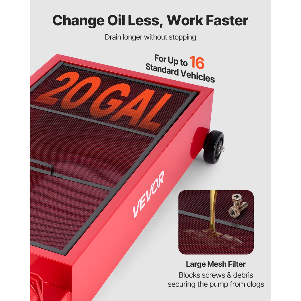 Low Profile Oil Drain Pan, 75.7 L Capacity, Rolling Oil Drain Pan with Manual Pump, 2.2 m Hose & T Folding Handle, Leak-proof & Corrosion-resistant, Fit for Cars, SUVs, Trucks, ATVs, Red