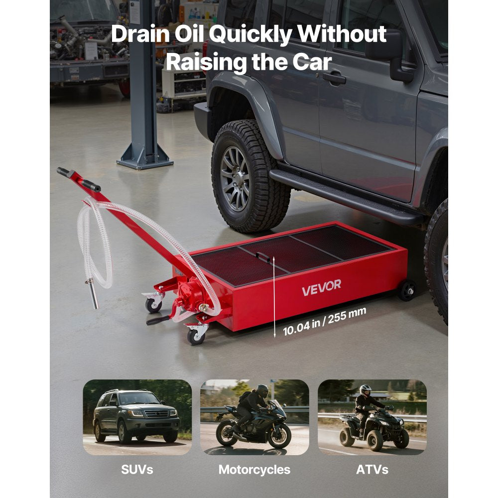 Low Profile Oil Drain Pan, 75.7 L Capacity, Rolling Oil Drain Pan with Manual Pump, 2.2 m Hose & T Folding Handle, Leak-proof & Corrosion-resistant, Fit for Cars, SUVs, Trucks, ATVs, Red