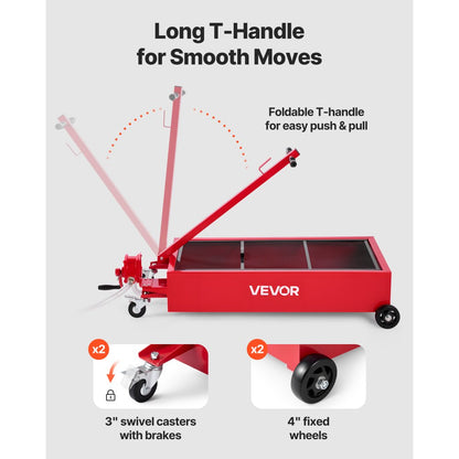 Low Profile Oil Drain Pan, 75.7 L Capacity, Rolling Oil Drain Pan with Manual Pump, 2.2 m Hose & T Folding Handle, Leak-proof & Corrosion-resistant, Fit for Cars, SUVs, Trucks, ATVs, Red