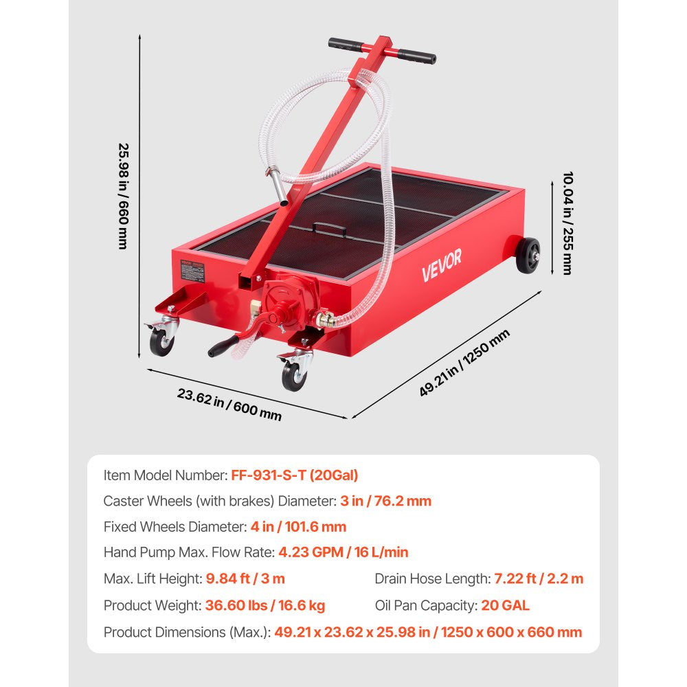 Low Profile Oil Drain Pan, 75.7 L Capacity, Rolling Oil Drain Pan with Manual Pump, 2.2 m Hose & T Folding Handle, Leak-proof & Corrosion-resistant, Fit for Cars, SUVs, Trucks, ATVs, Red