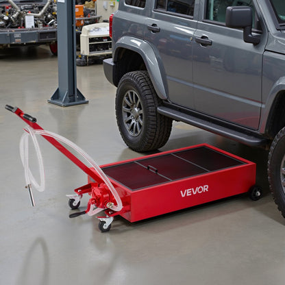 Low Profile Oil Drain Pan, 75.7 L Capacity, Rolling Oil Drain Pan with Manual Pump, 2.2 m Hose & T Folding Handle, Leak-proof & Corrosion-resistant, Fit for Cars, SUVs, Trucks, ATVs, Red