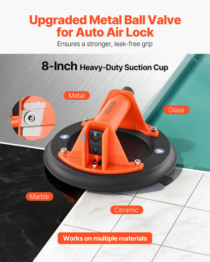 Vacuum Suction Cup, 203 mm Vacuum Glass Lifter with ABS Handle, 180 kg Max Lifting Capacity Tile Suction Cup Tool with Carrying Case for Lifting Large Tile, Granite, Drywall, Windows (1-Pack)