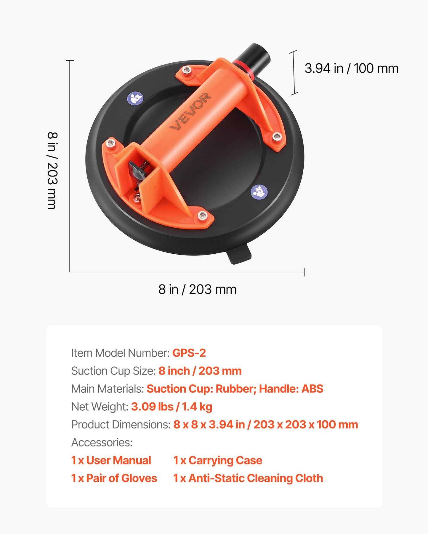 Vacuum Suction Cup, 203 mm Vacuum Glass Lifter with ABS Handle, 180 kg Max Lifting Capacity Tile Suction Cup Tool with Carrying Case for Lifting Large Tile, Granite, Drywall, Windows (2-Pack)