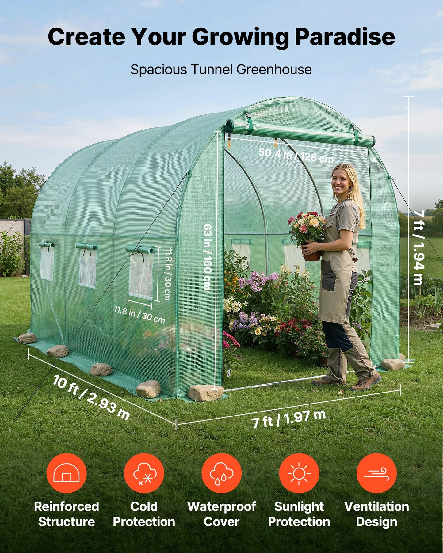 Walk-in Tunnel Greenhouse, 2.93x1.97x1.94 m Hoop House Greenhouse Tunnel with Watering System, Plant Hot House with Steel Frame, PE Cover, Roll-Up Zipper Door and 6 Windows for Outdoors, Green