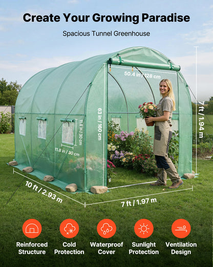 Walk-in Tunnel Greenhouse, 2.93x1.97x1.94 m Hoop House Greenhouse Tunnel with Watering System, Plant Hot House with Steel Frame, PE Cover, Roll-Up Zipper Door and 6 Windows for Outdoors, Green