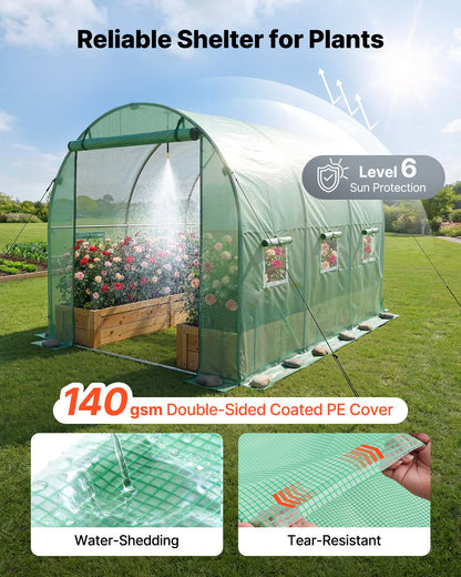 Walk-in Tunnel Greenhouse, 2.93x1.97x1.94 m Hoop House Greenhouse Tunnel with Watering System, Plant Hot House with Steel Frame, PE Cover, Roll-Up Zipper Door and 6 Windows for Outdoors, Green