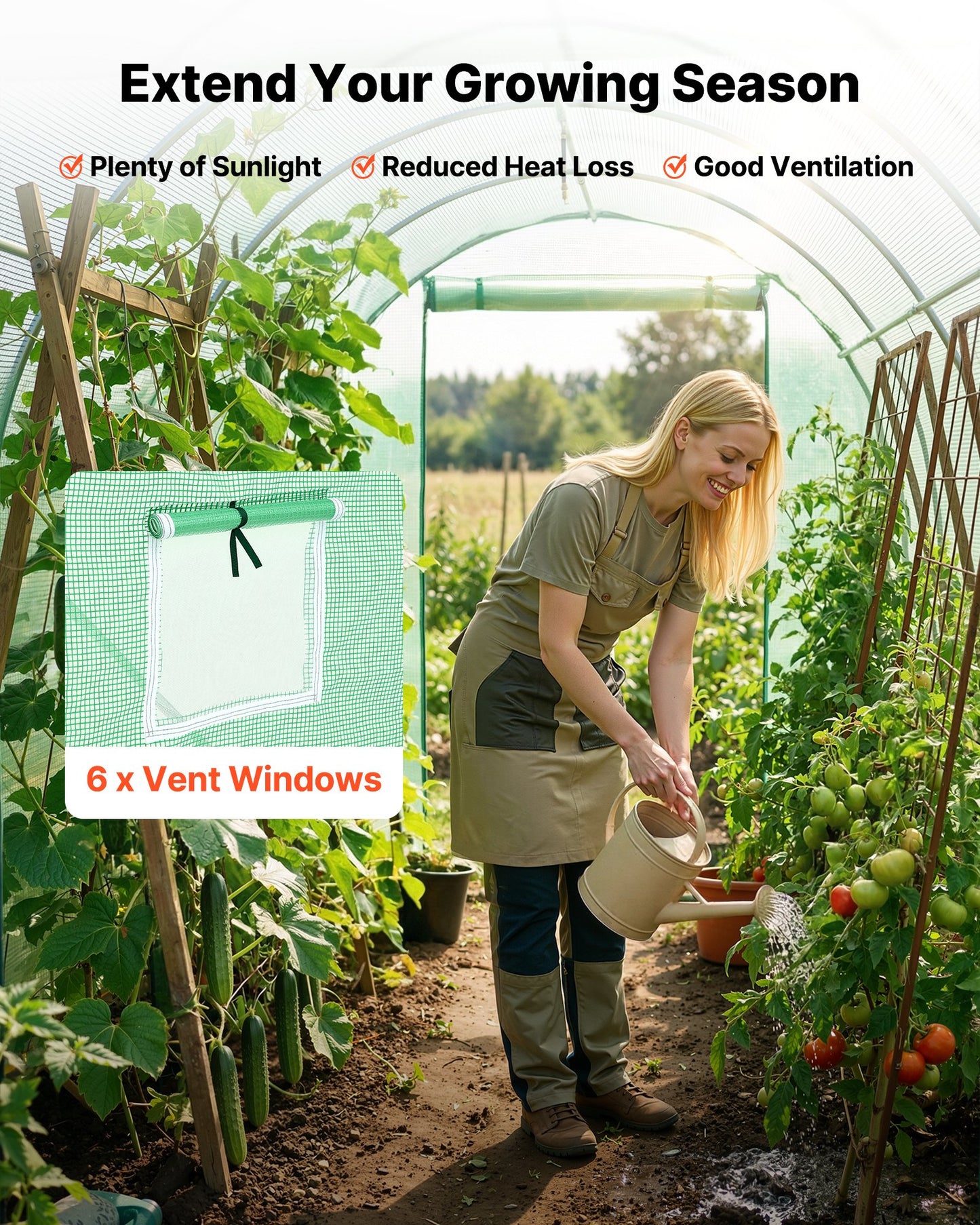 Walk-in Tunnel Greenhouse, 2.93x1.97x1.94 m Hoop House Greenhouse Tunnel with Watering System, Plant Hot House with Steel Frame, PE Cover, Roll-Up Zipper Door and 6 Windows for Outdoors, Green