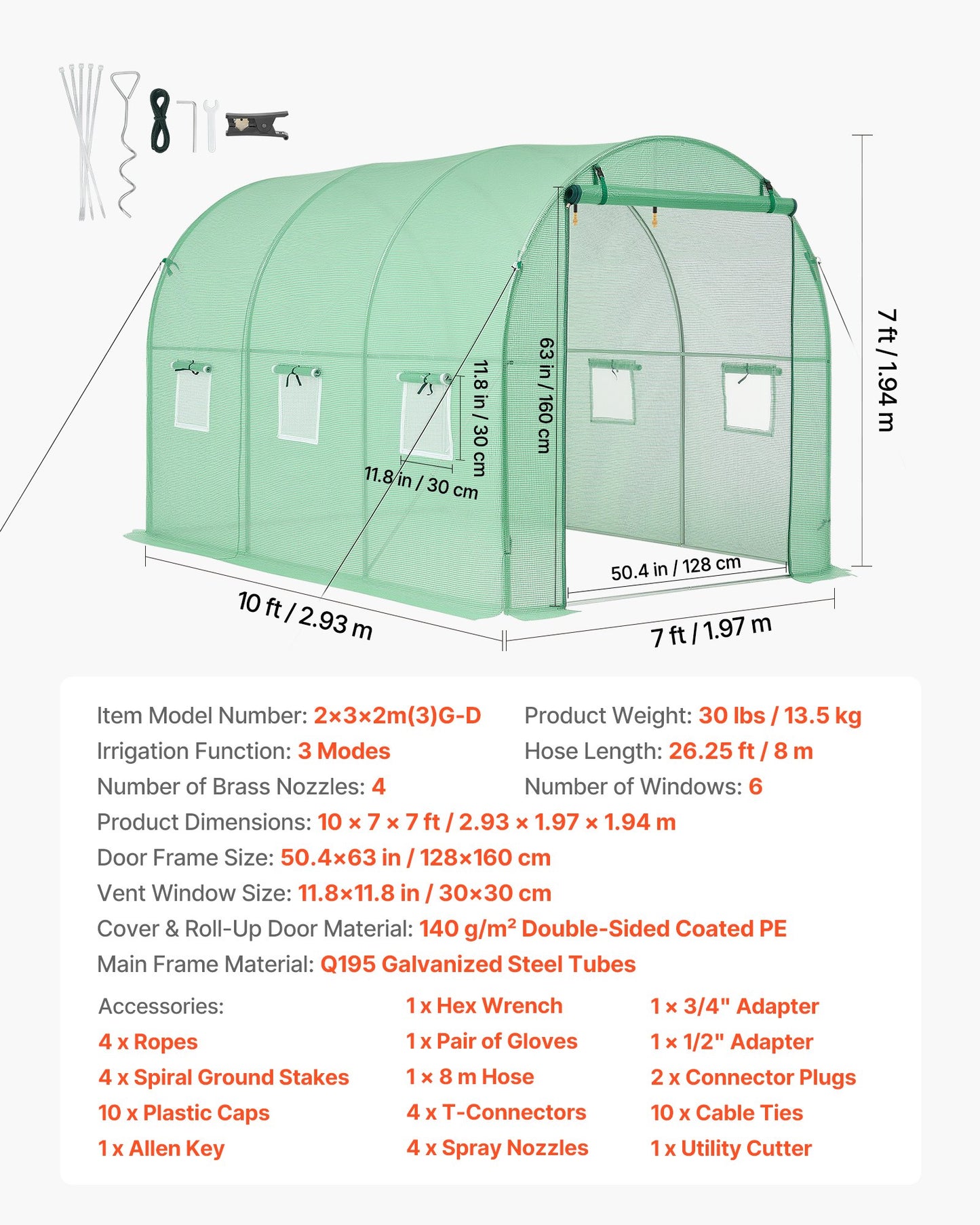 Walk-in Tunnel Greenhouse, 2.93x1.97x1.94 m Hoop House Greenhouse Tunnel with Watering System, Plant Hot House with Steel Frame, PE Cover, Roll-Up Zipper Door and 6 Windows for Outdoors, Green