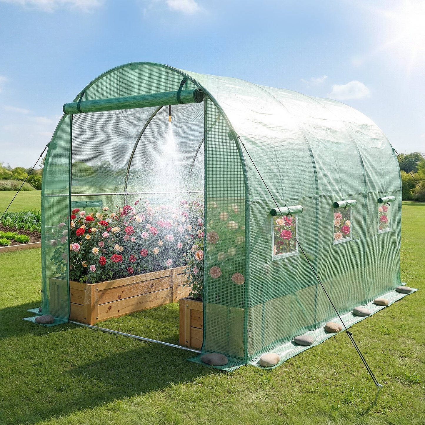 Walk-in Tunnel Greenhouse, 2.93x1.97x1.94 m Hoop House Greenhouse Tunnel with Watering System, Plant Hot House with Steel Frame, PE Cover, Roll-Up Zipper Door and 6 Windows for Outdoors, Green