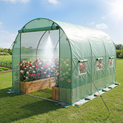 Walk-in Tunnel Greenhouse, 2.93x1.97x1.94 m Hoop House Greenhouse Tunnel with Watering System, Plant Hot House with Steel Frame, PE Cover, Roll-Up Zipper Door and 6 Windows for Outdoors, Green