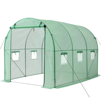 Walk-in Tunnel Greenhouse, 2.93x1.97x1.94 m Hoop House Greenhouse Tunnel with Watering System, Plant Hot House with Steel Frame, PE Cover, Roll-Up Zipper Door and 6 Windows for Outdoors, Green