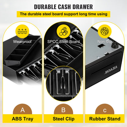 VEVOR Cash Register Drawer, 13" 2 Unlocking Ways, Fully Removable Design with 4
