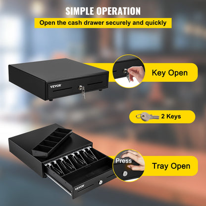 VEVOR Cash Register Drawer, 13" 2 Unlocking Ways, Fully Removable Design with 4