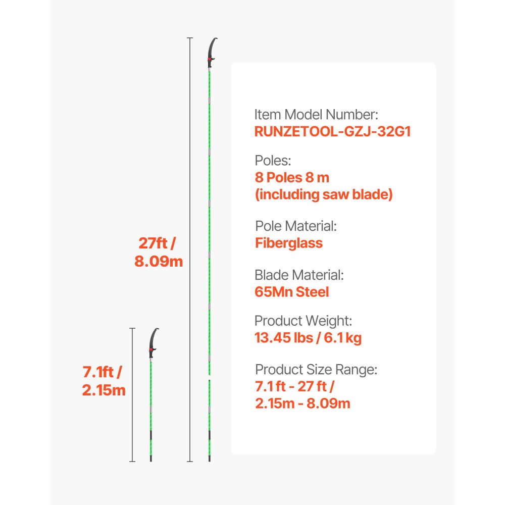 Manual Pole Saw Extendable Pole Tree Pruner 118-809.3 cm 65Mn Steel Blade