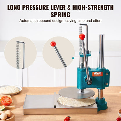 Manual Pizza Dough Press Machine, 24cm Stainless Steel, Adjustable Thickness
