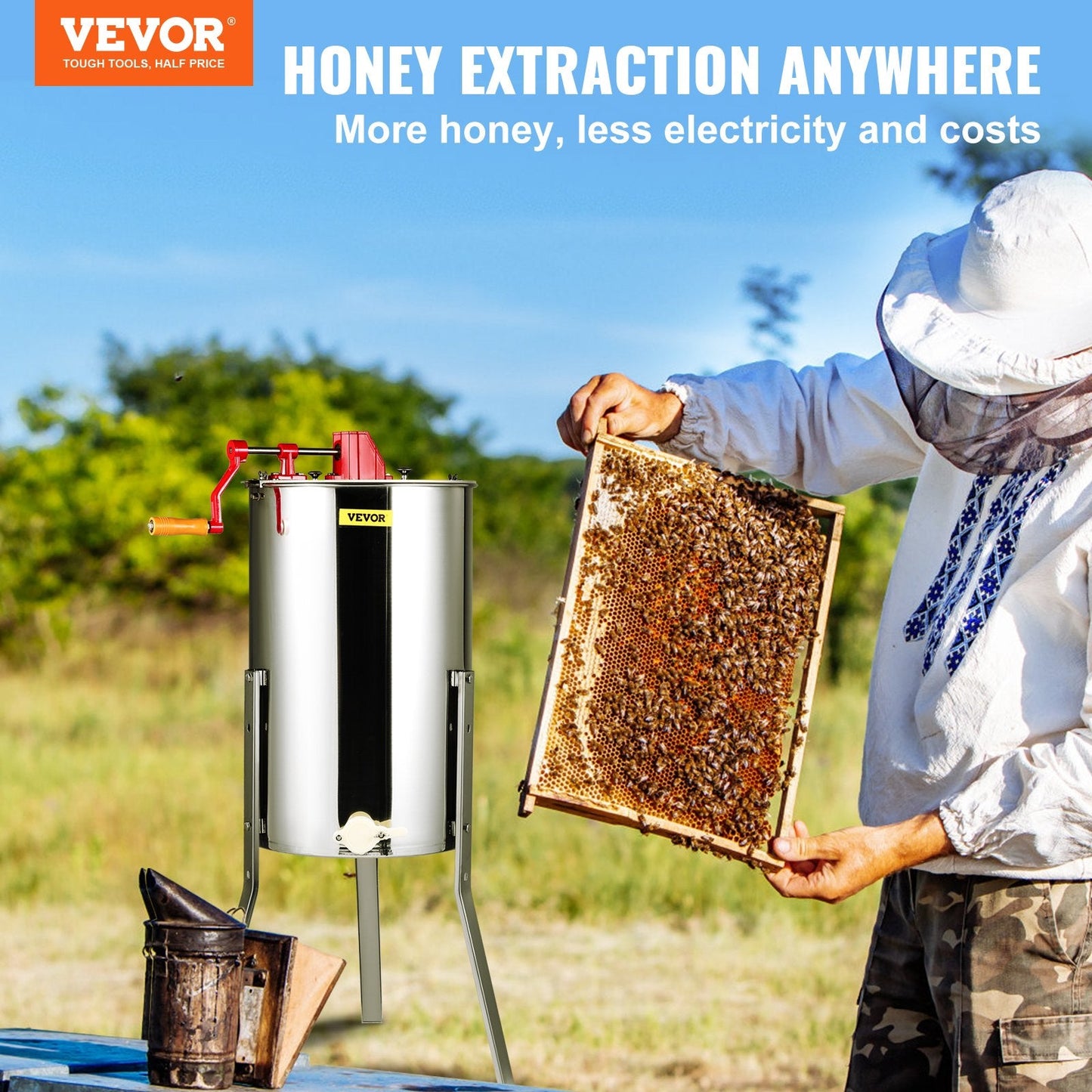 Manual Stainless Steel Honey Extractor, 2/4 Frame, with Adjustable Stand