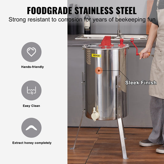 3-Frame Stainless Steel Manual Honey Extractor with Adjustable Stand