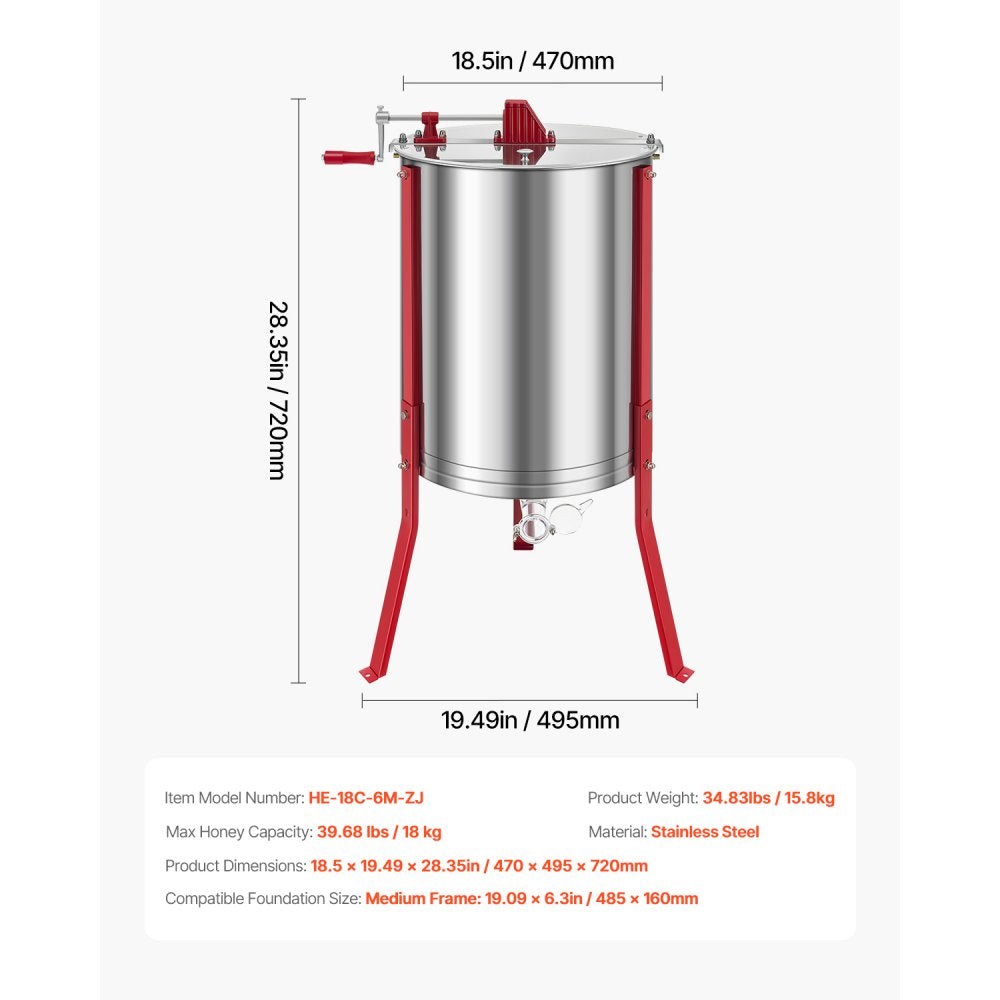 Manual Honey Extractor 6 Frame Honey Spinner Beekeeping Stainless Steel