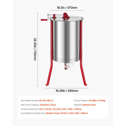 Manual Honey Extractor 6 Frame Honey Spinner Beekeeping Stainless Steel