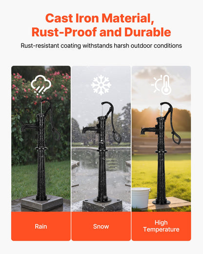 Well Hand Pitcher Pump, 20 ft Max Lift, Antique Cast Iron Manual Hand Water Pump with Heightening Base, NPT 1-1/4 in Connection, Easy Installation, for Outdoor Garden, Pond, Yard, Farm, Black