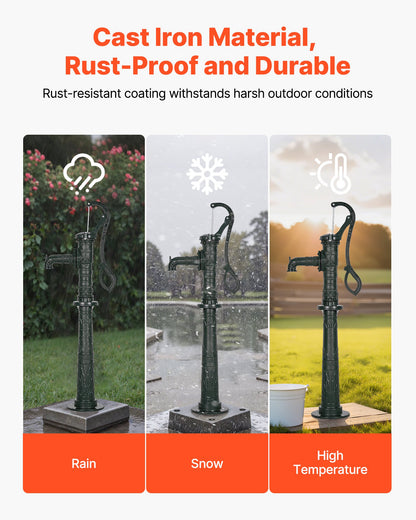 Well Hand Pitcher Pump, 20 ft Max Lift, Antique Cast Iron Manual Hand Water Pump with Heightening Base, NPT 1-1/4 in Connection, Easy Installation, for Outdoor Garden, Pond, Yard, Farm, Green