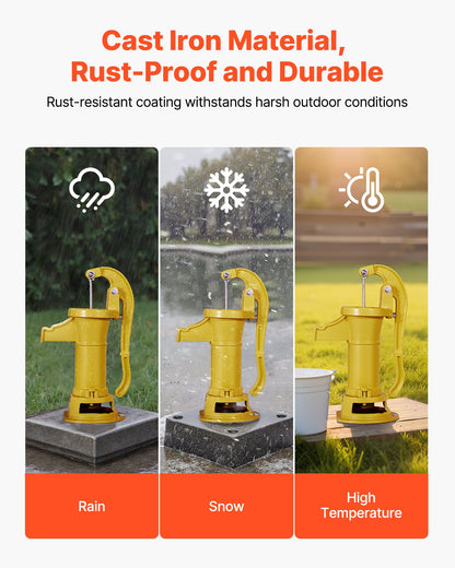 Well Hand Pitcher Pump, 25 ft Maximum Lift, Antique Cast Iron Manual Hand Water Pump, NPT 1-1/4 in Connection, Easy Installation, Old Fashioned for Outdoor Garden, Pond, Backyard, Farm, Yellow