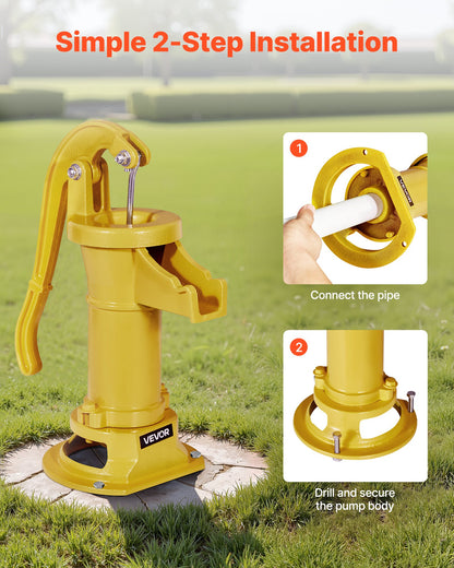 Well Hand Pitcher Pump, 25 ft Maximum Lift, Antique Cast Iron Manual Hand Water Pump, NPT 1-1/4 in Connection, Easy Installation, Old Fashioned for Outdoor Garden, Pond, Backyard, Farm, Yellow