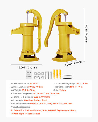 Well Hand Pitcher Pump, 25 ft Maximum Lift, Antique Cast Iron Manual Hand Water Pump, NPT 1-1/4 in Connection, Easy Installation, Old Fashioned for Outdoor Garden, Pond, Backyard, Farm, Yellow
