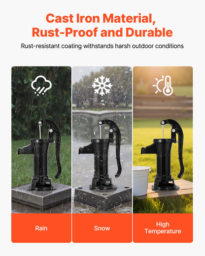 Well Hand Pitcher Pump, 25 ft Maximum Lift, Antique Cast Iron Manual Hand Water Pump, NPT 1-1/4 in Connection, Easy Installation, Old Fashioned for Outdoor Garden, Pond, Backyard, Farm, Black